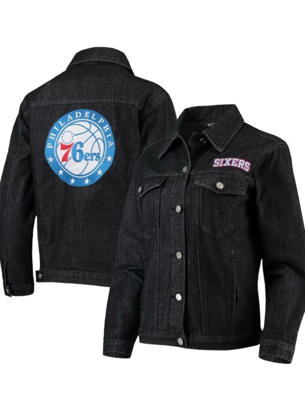 NWT The Wild Collective Philadelphia 76ers Black Denim Jacket Small